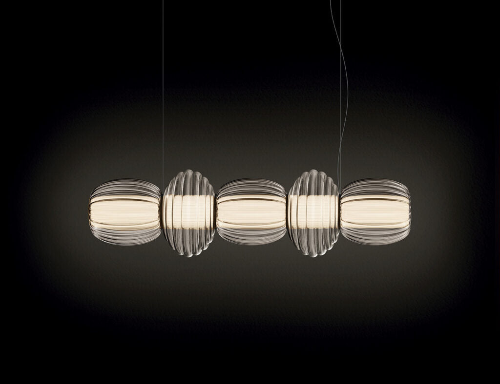 Contardi Alma suspension Multipla - Champagne Frame - Plum glass Diffuser - White fabric plissé Inside diffuser