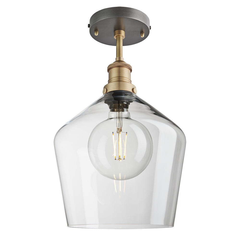 Industville - Brooklyn Glass Schoolhouse Flush Mount - Clear Glass Schoolhouse - 10 Inch - Brass Semi Flush Mount