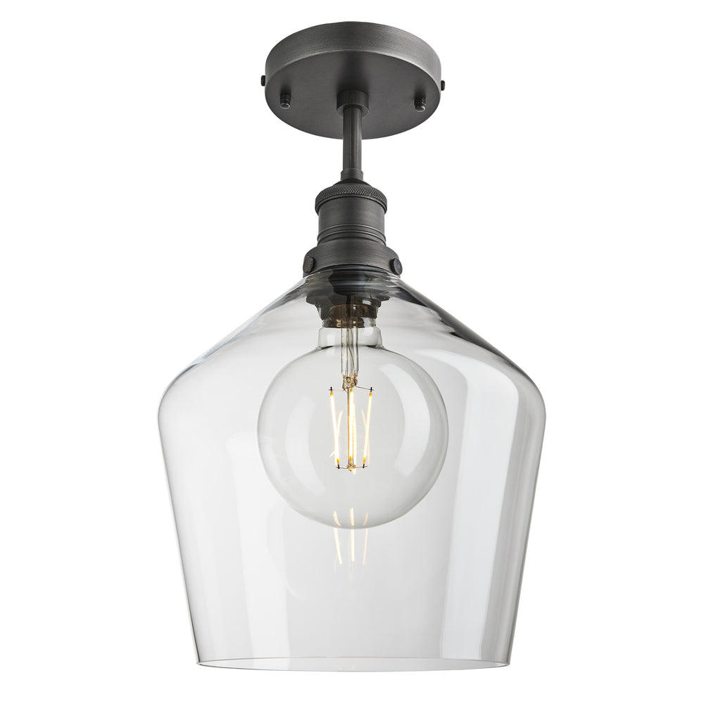 Industville - Brooklyn Glass Schoolhouse Flush Mount - Clear Glass Schoolhouse - 10 Inch - Pewter Semi Flush Mount