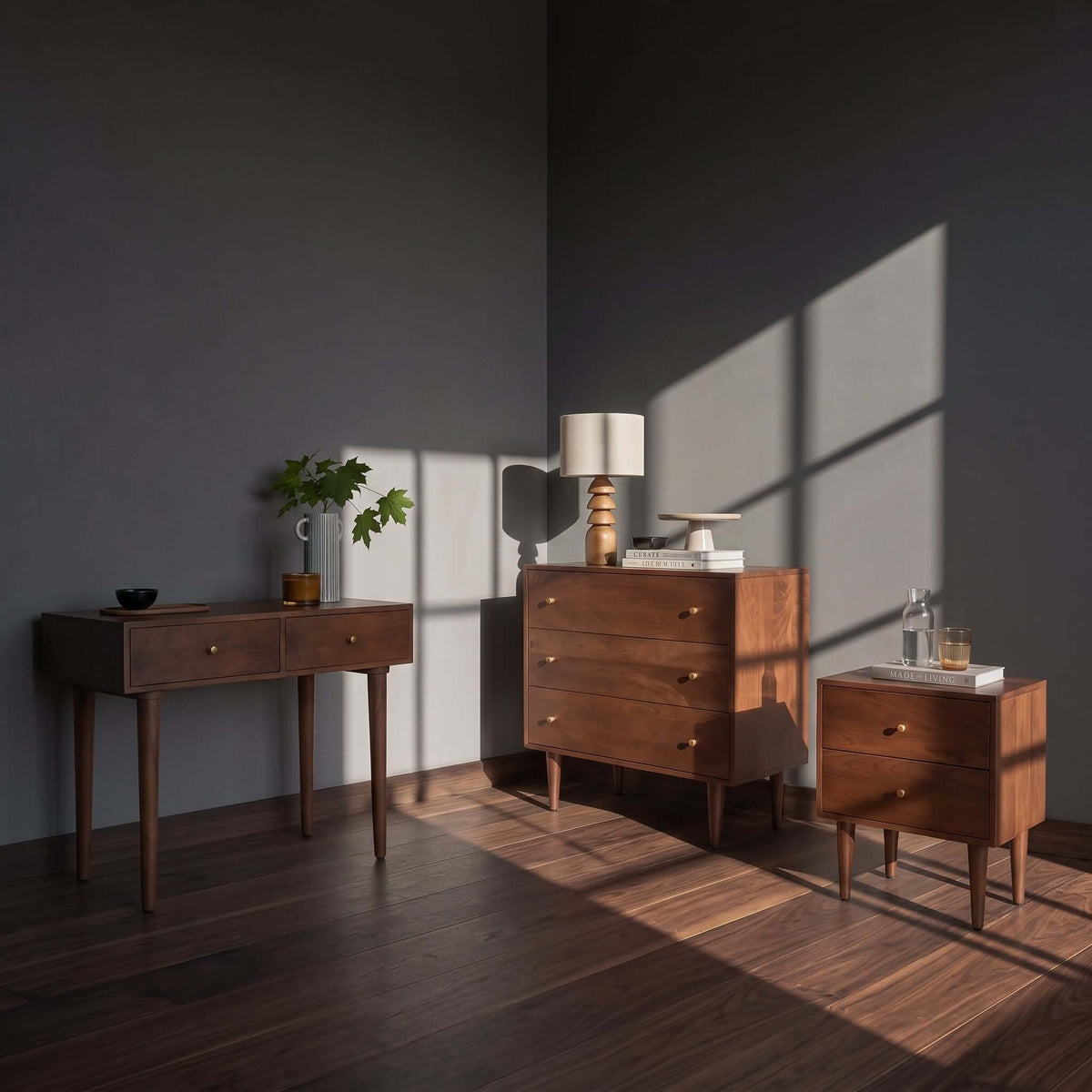 Fishe & Lilly Scandinavian Walnut Oslo Console, Dressing Table, and Desk in a sunlit room.