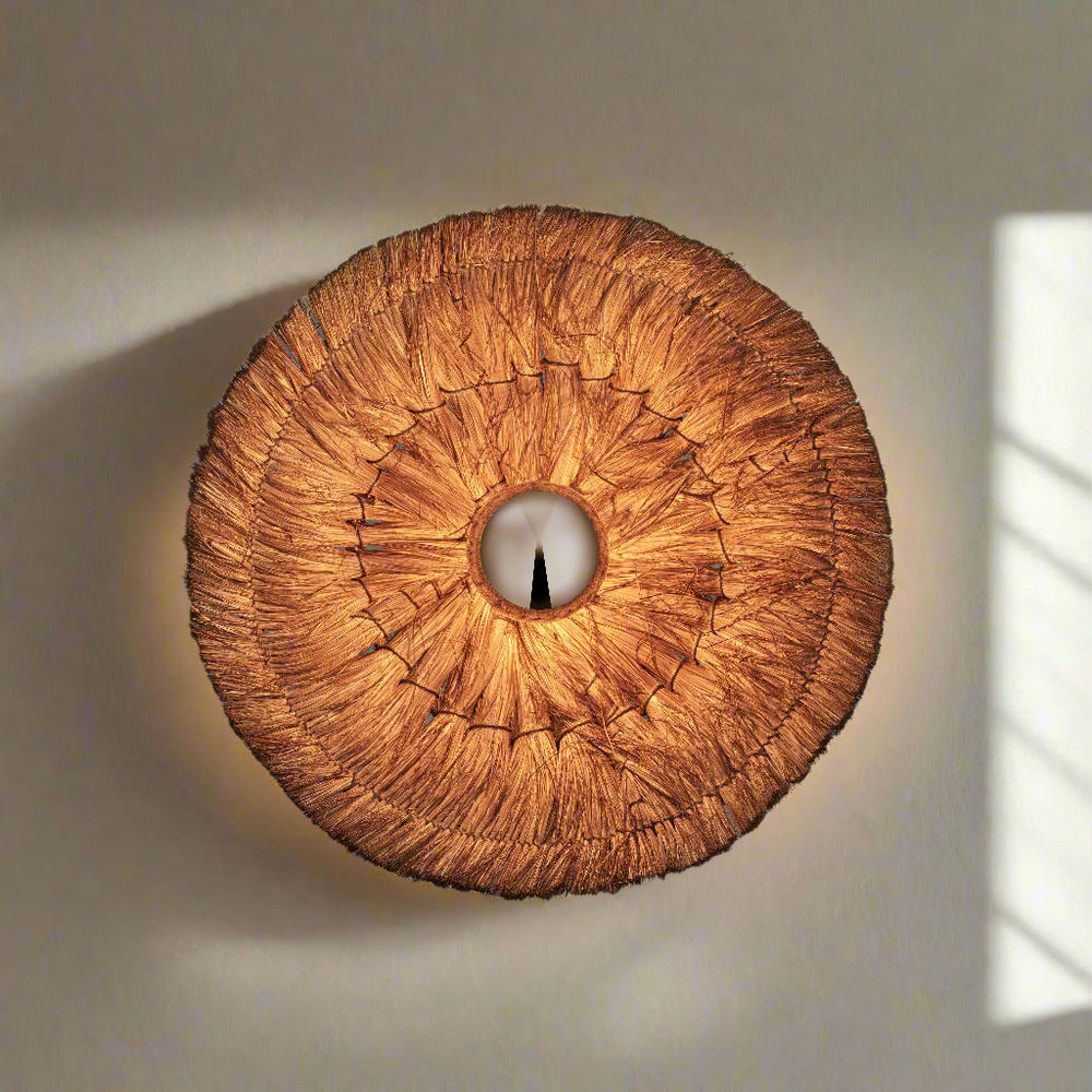 Industville - Moonj Natural Grass Round Wall Light - 18 Inch - Brown