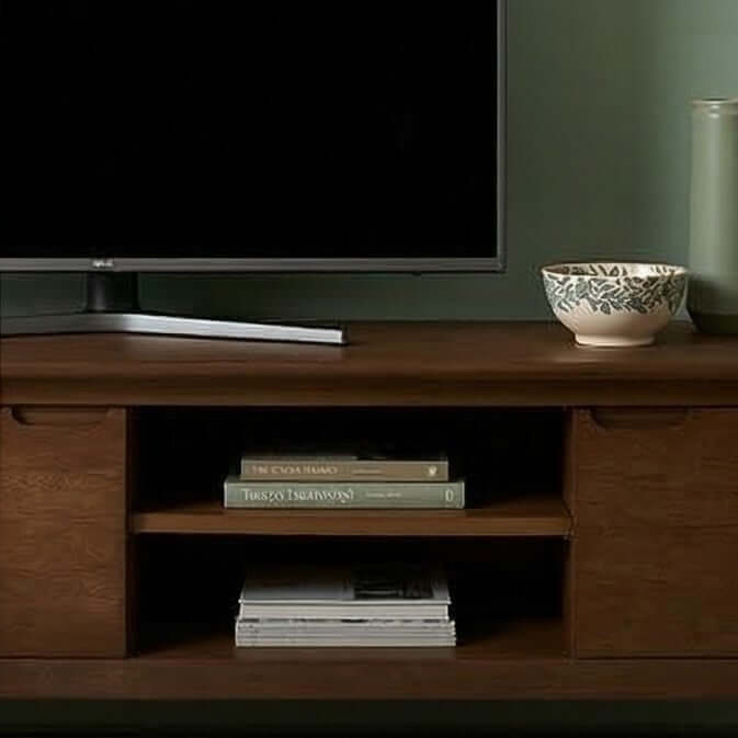 Fishe & Lilly Norway Dark Walnut TV Stand & Media Unit showing a flat screen TV on top and open shelving with stacked books.