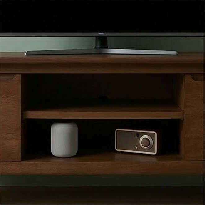 Fishe & Lilly Norway Dark Walnut TV Stand & Media Unit displaying open hardwood shelving with a radio and speaker.
