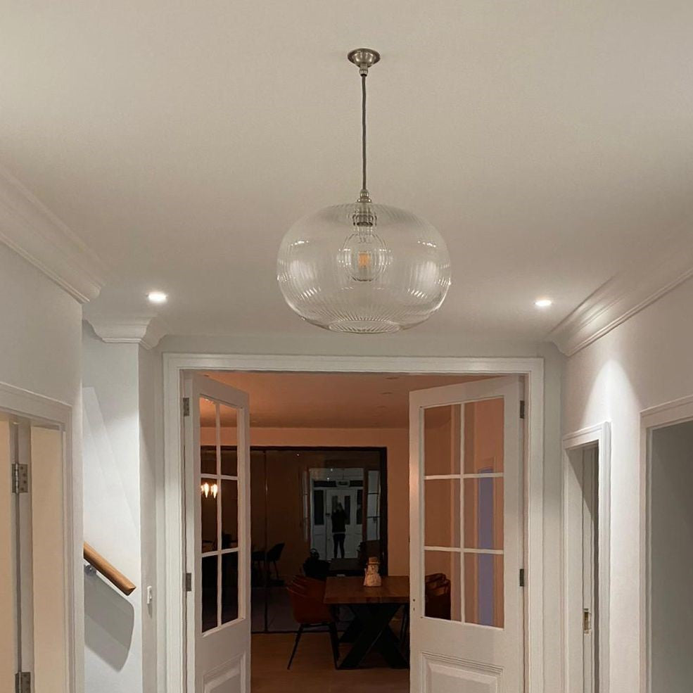 Leverint Lighting Archway Pendant - Medium - Fine Ribbed Glass - Satin Nickel Fitting