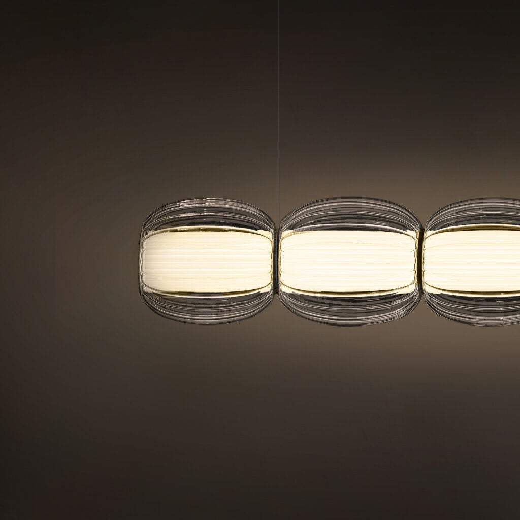 Contardi Alma suspension Plurima - Champagne Frame - Amber glass Diffuser - White fabric plissé Inside diffuser