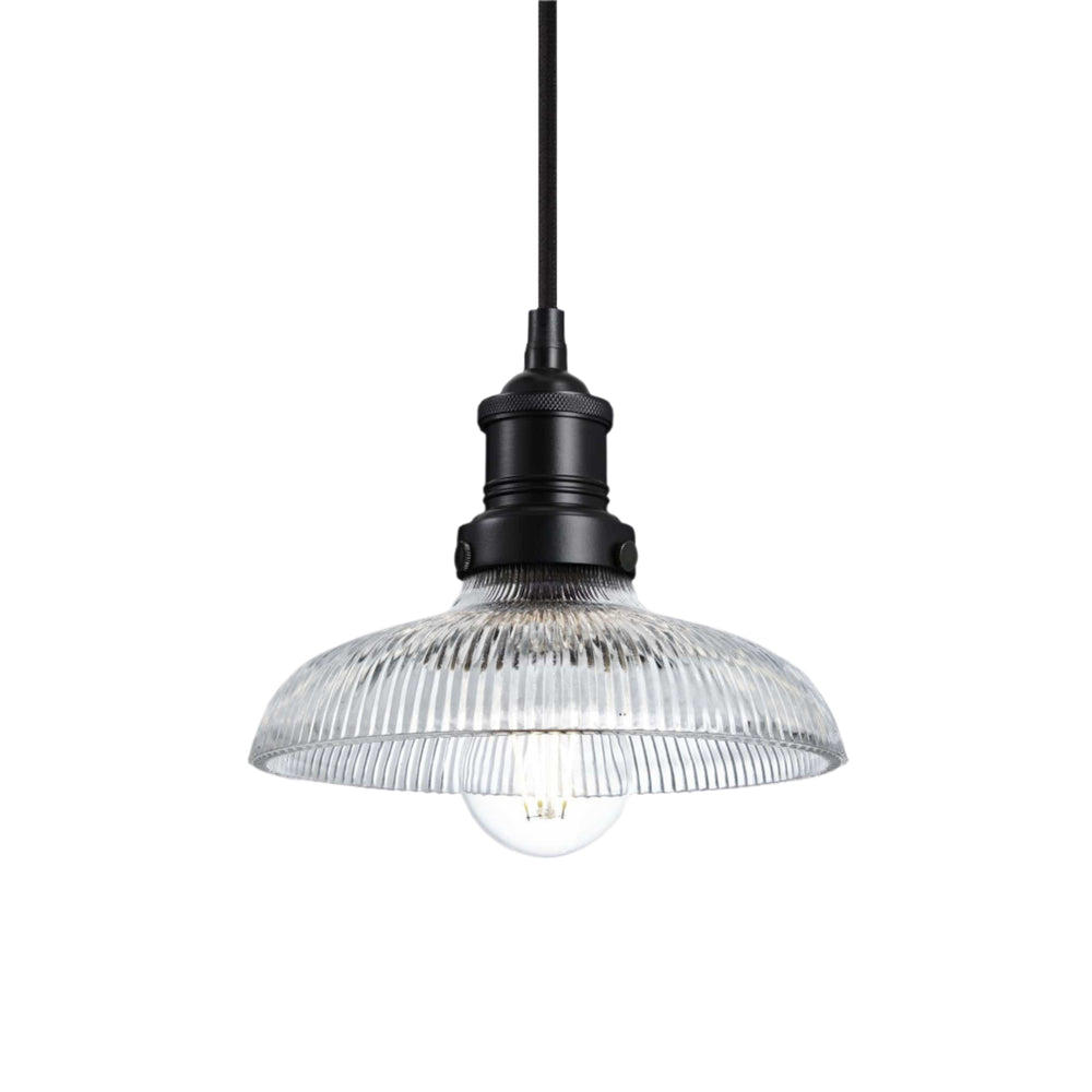 Industville - Brooklyn Pendant Light - Ribbed Glass Dome - 8 Inch - Black Pendant Holder