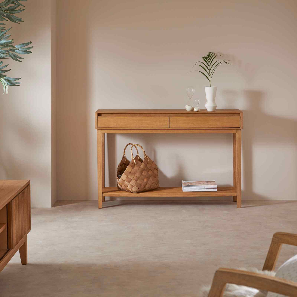 Space-saving hardwood Fishe & Lilly Melia Console Table with Two Drawers, featuring a natural finish for narrow hallway storage.