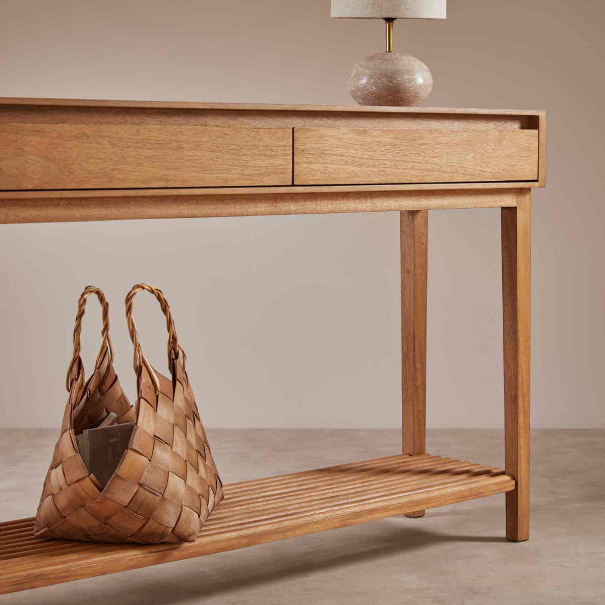Fishe & Lilly Melia Console Table with Two Drawers in natural hardwood, featuring a slatted shelf.