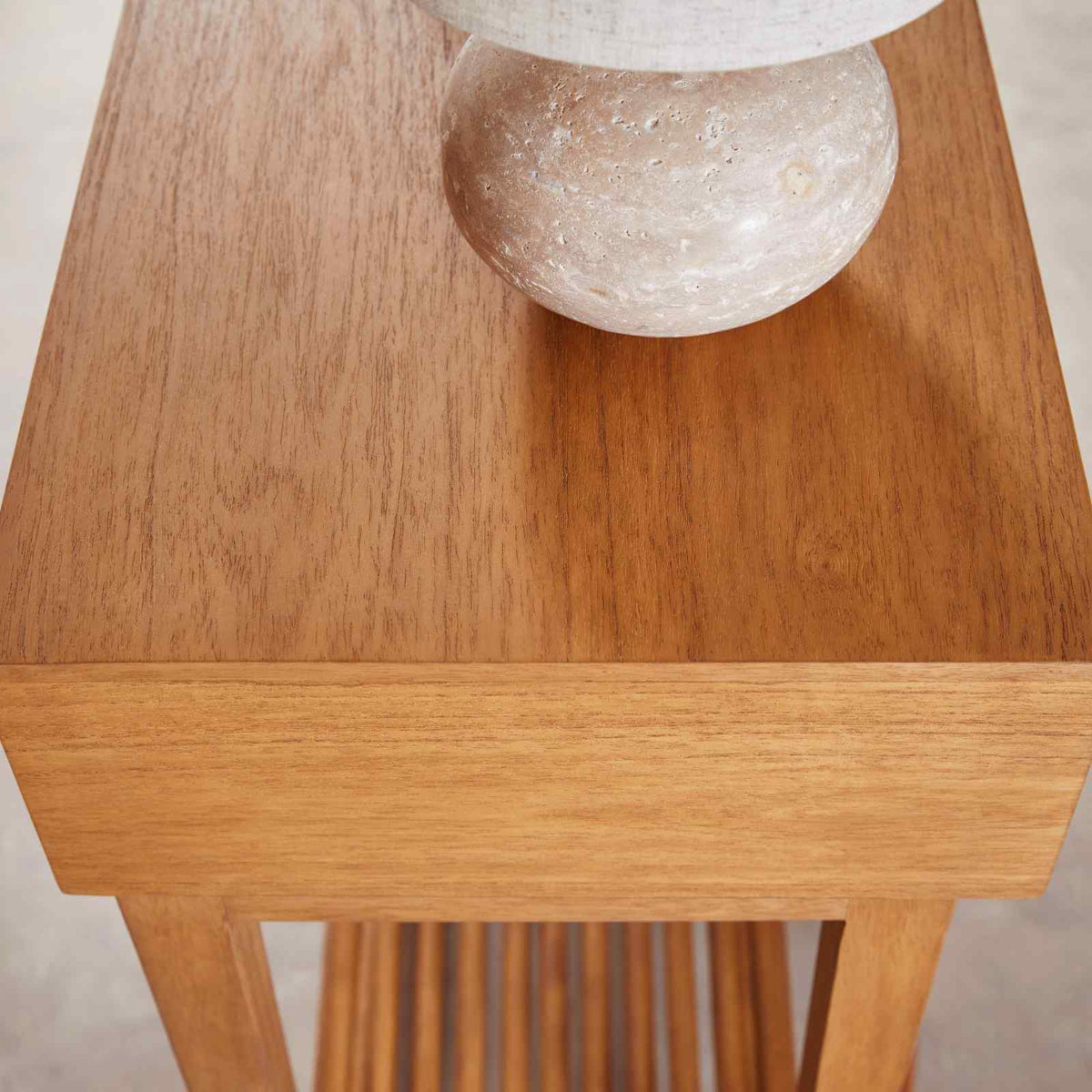 Hardwood surface of the Fishe & Lilly Melia Console Table with Two Drawers showing a beautiful natural finish.