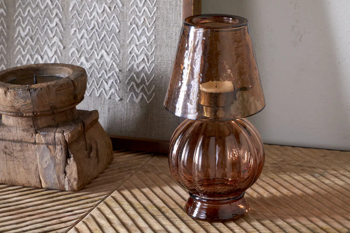 Nkuku - Adesola Glass Tealight Holder Lamp - Amber