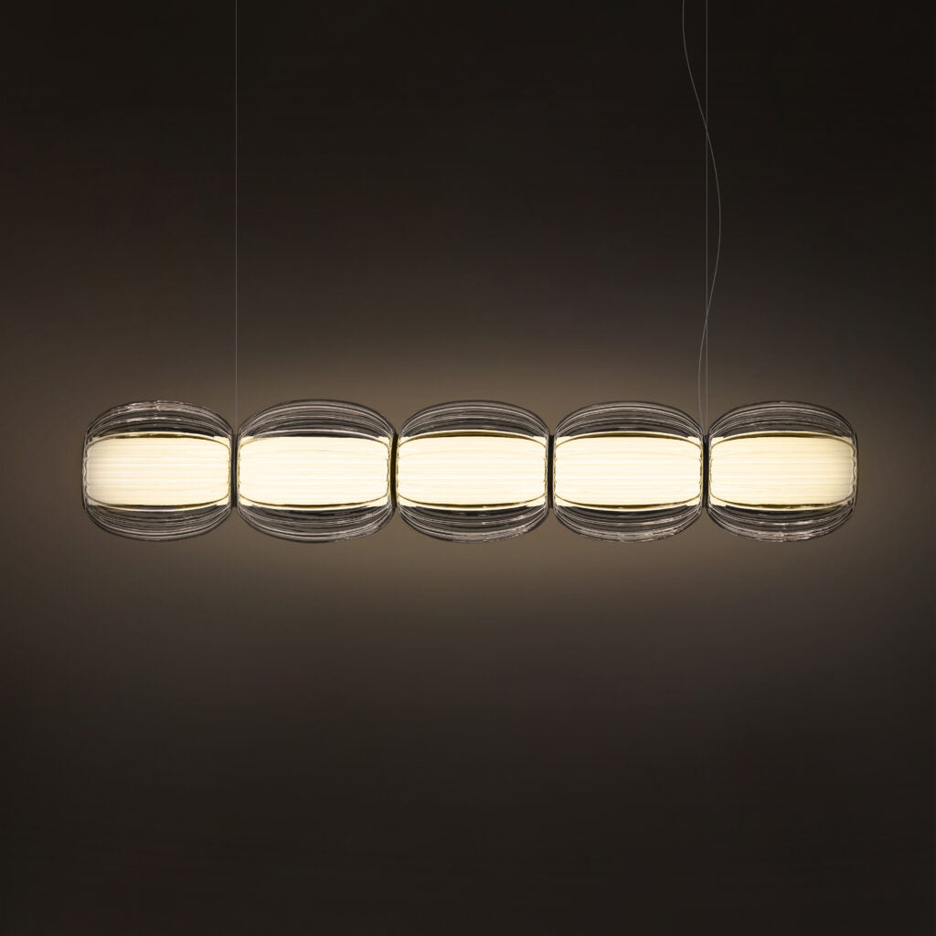 Contardi Alma suspension Plurima - Champagne Frame - Amber glass Diffuser - White fabric plissé Inside diffuser