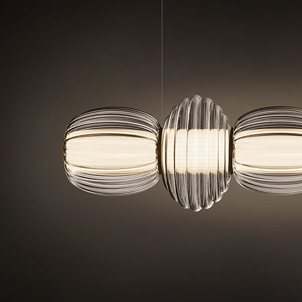 Contardi Alma suspension Multipla - Champagne Frame - Plum glass Diffuser - White fabric plissé Inside diffuser