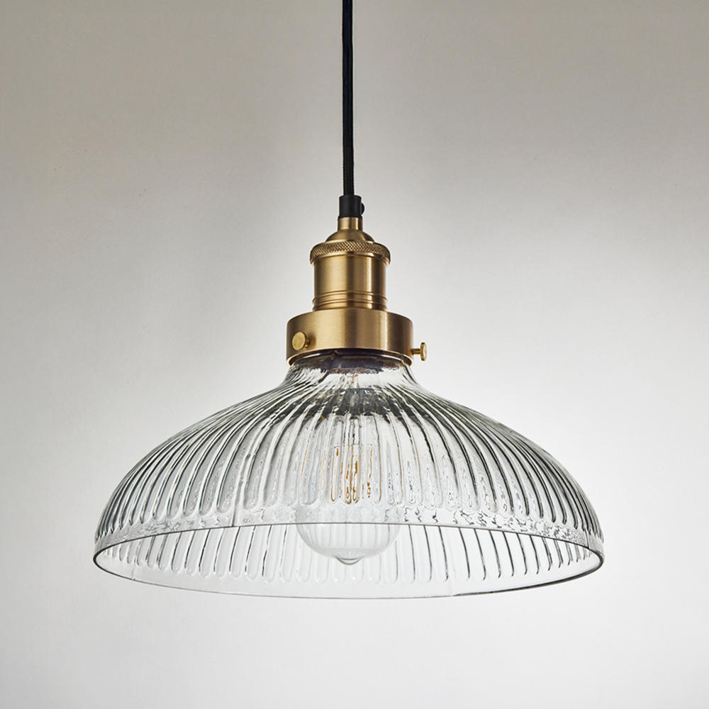 Industville - Brooklyn Pendant Light - Ribbed Glass Dome - 12 Inch - Brass Pendant Holder