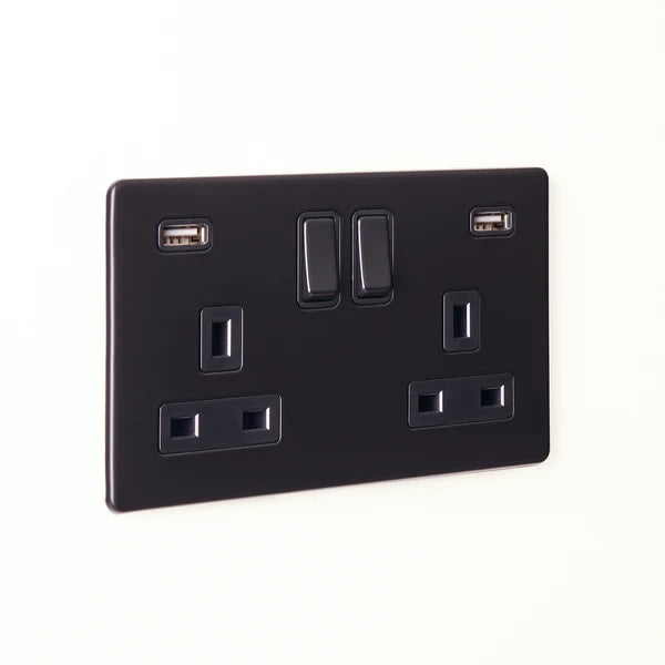 Pooky - Florence Two Gang Switched Socket and Dual USB - Black