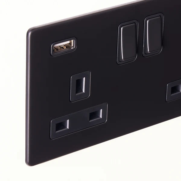 Pooky - Florence Two Gang Switched Socket and Dual USB - Black