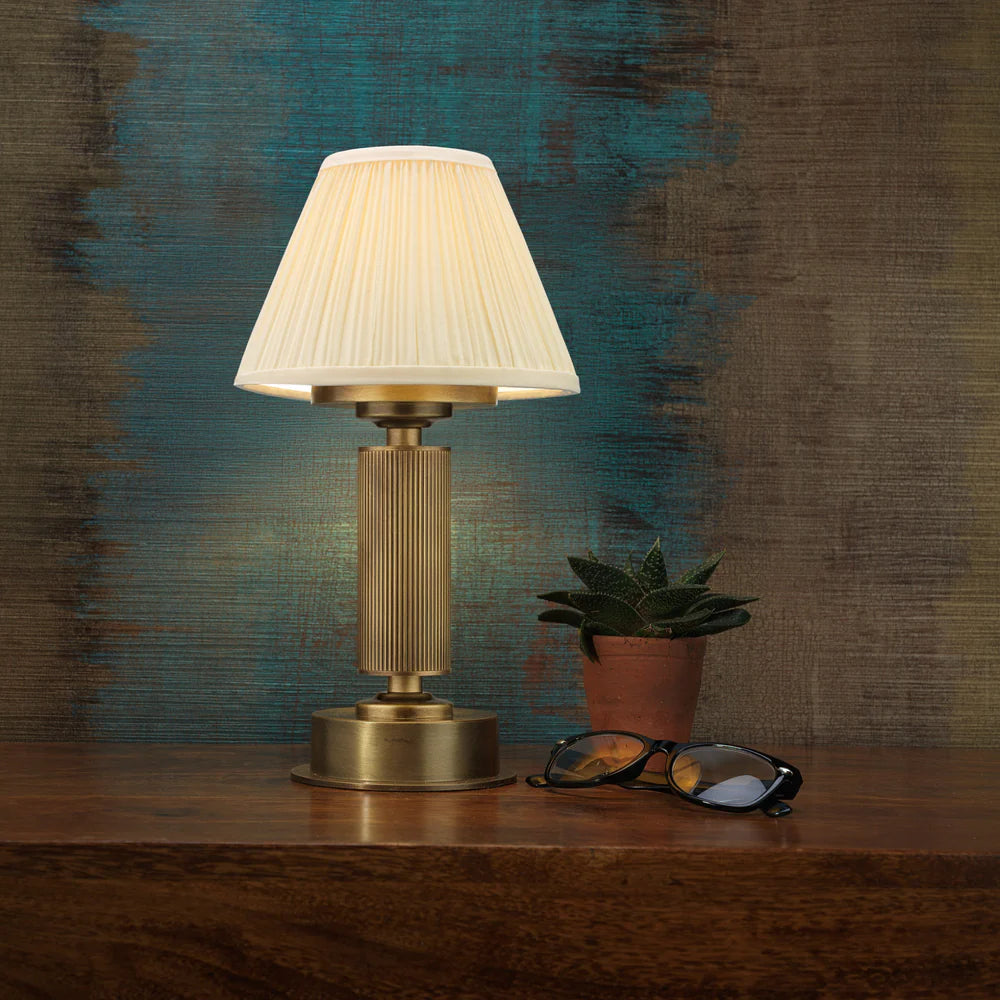 Northern Light - Barham Rechargeable Table Lamp - Old English Brass Light Finish - 6" Pleated Empire Ivory Cottont Shade