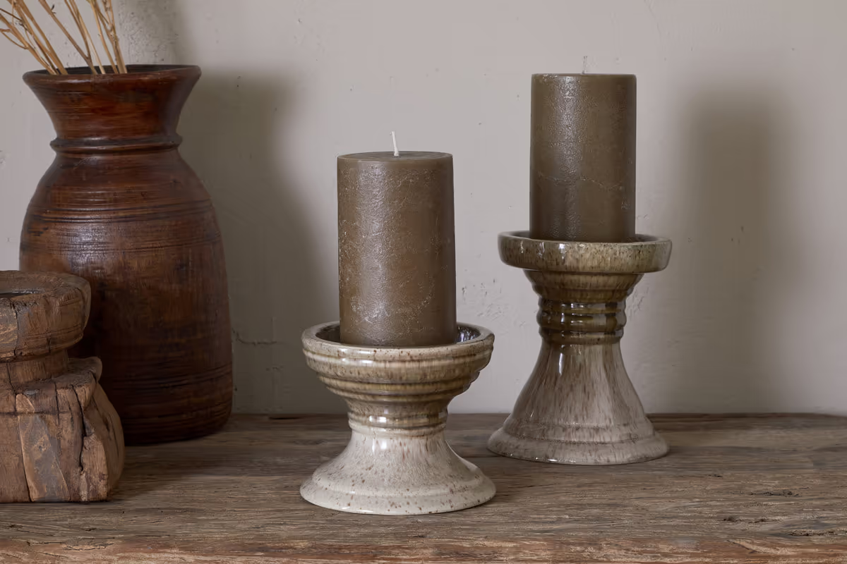 Nkuku - Cabra Reactive Glaze Candle Holder - Olive & Natural - Large