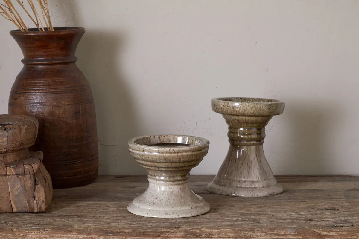 Nkuku - Cabra Reactive Glaze Candle Holder - Olive & Natural - Large