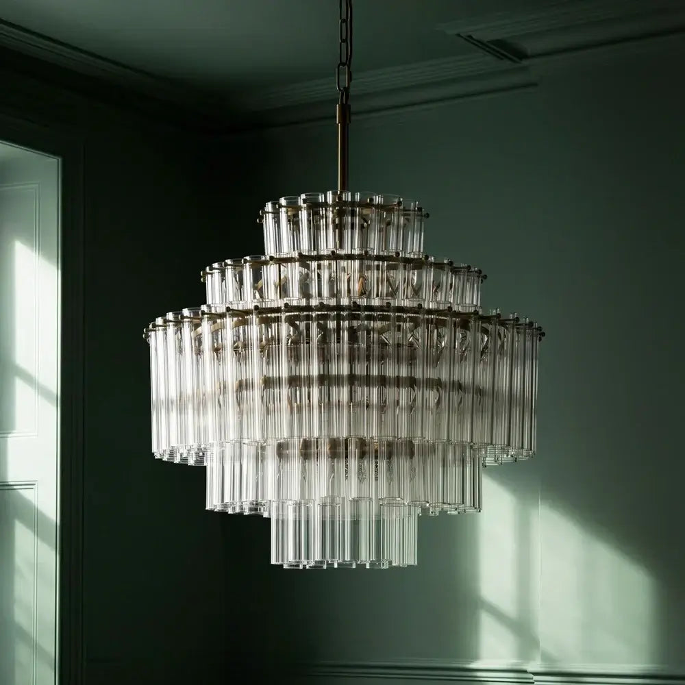 Pooky Astrid Chandelier in Clear Glass with tiered elongated glass rods and elegant silhouette.