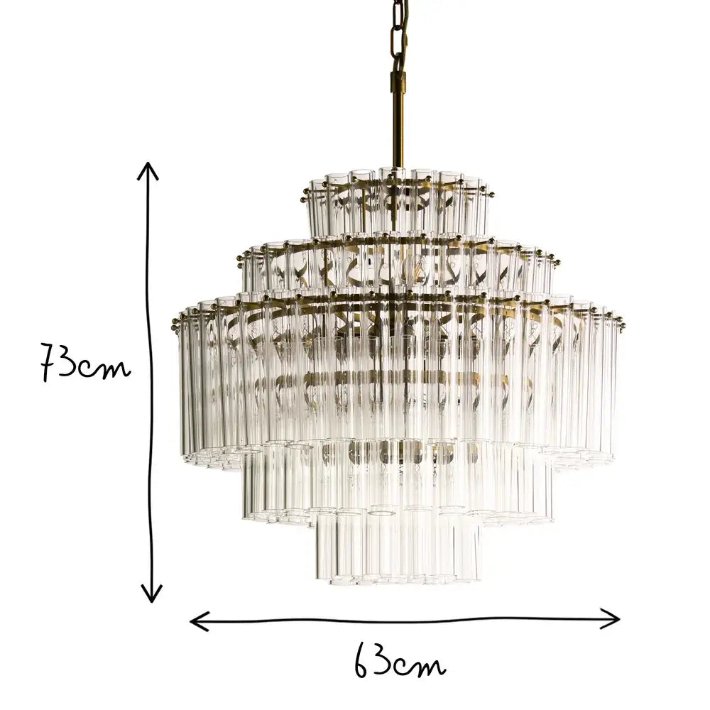 Pooky Astrid Chandelier in Clear Glass with elongated glass rods, height 73cm, diameter 63cm, architectural design.