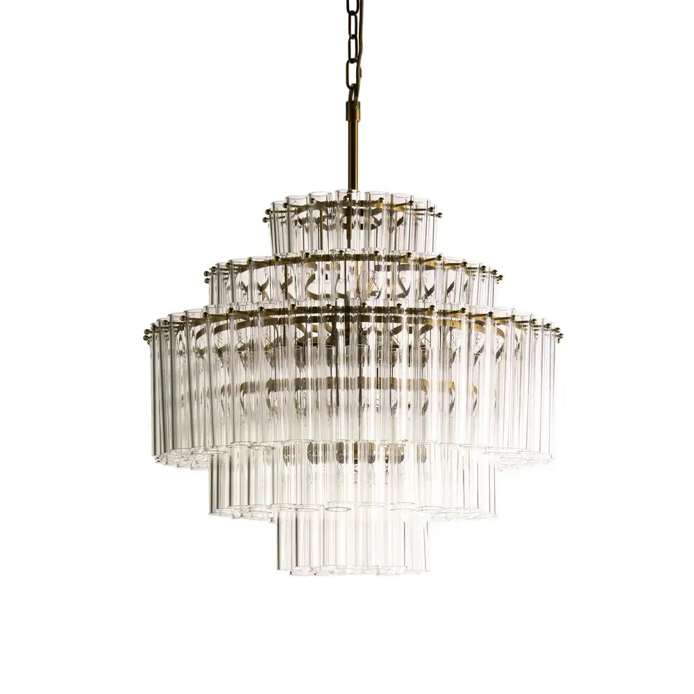 Pooky Astrid Chandelier in Clear Glass featuring elongated glass rods in a tiered design.
