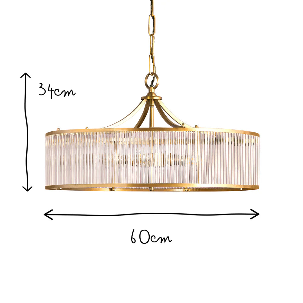 Pooky Athena Chandelier in Brass with Glass Rods and Frosted Glass Baffle