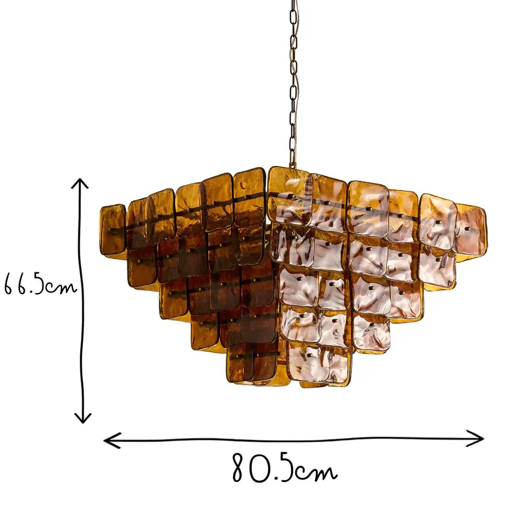 Pooky Havana Chandelier in Deep Brown showing layered glass tiles and measurements, 66.5cm height, 80.5cm diameter.