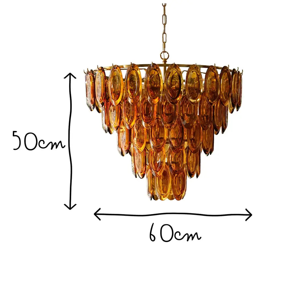 SALE Pooky Lyle Chandelier in amber glass with tiered amber glass drops, 50cm height and 60cm width.