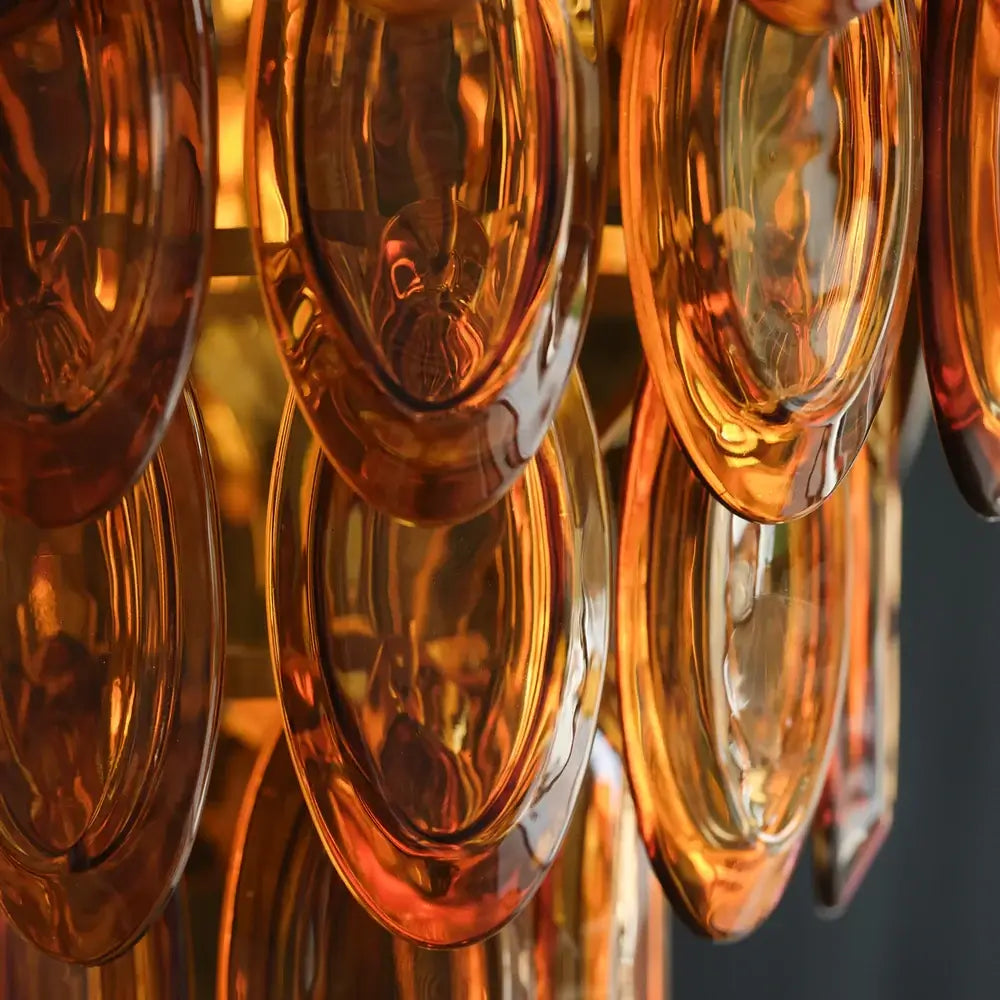 SALE Pooky Lyle Chandelier in amber glass close-up detail of amber glass drops