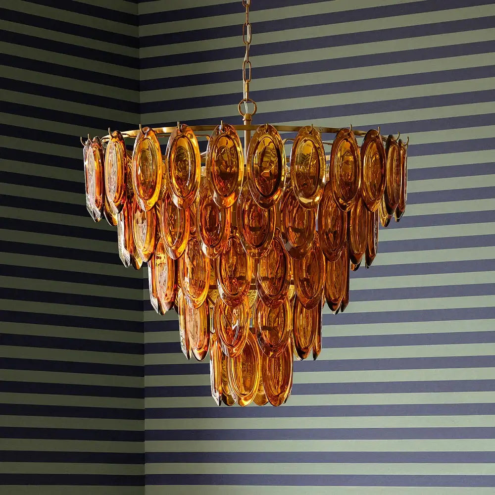 SALE Pooky Lyle Chandelier in amber glass with stunning amber glass drops illuminating a stylish interior.