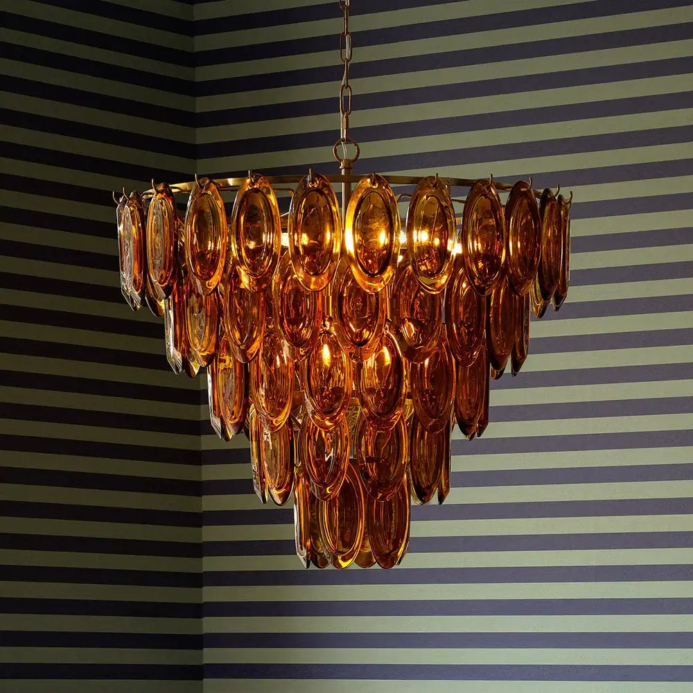 SALE Pooky Lyle Chandelier in amber glass illuminating a stylish room with amber glass drops.