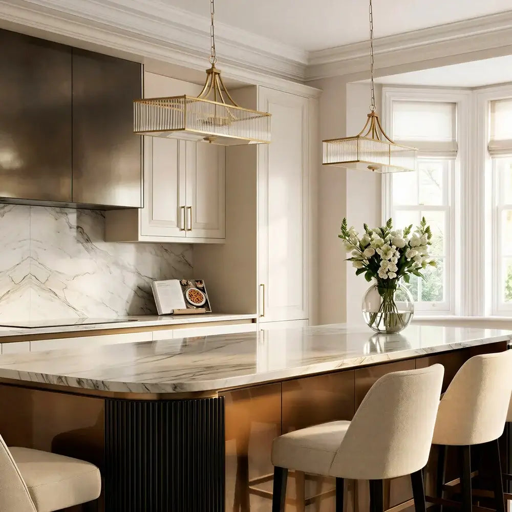 Pooky Smaller Odin Chandelier in Brass with Glass Rods illuminating a modern kitchen.