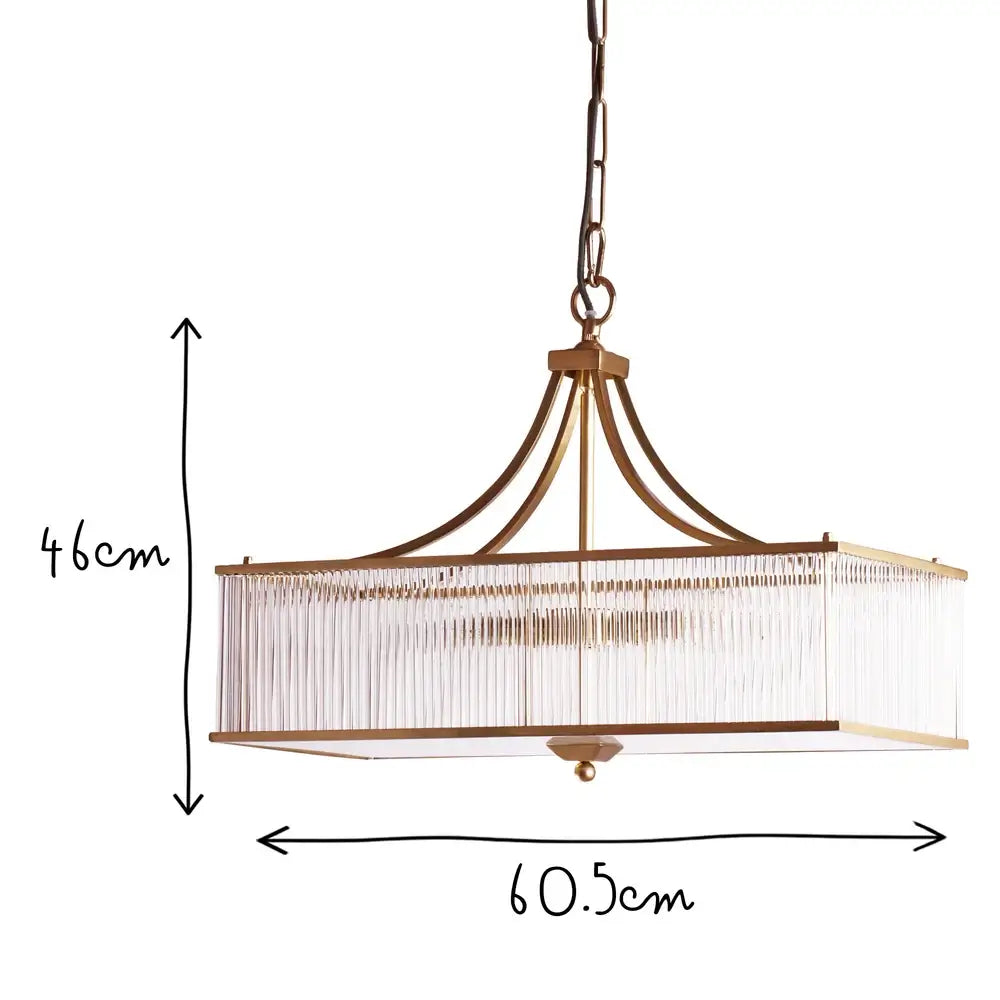 Pooky Smaller Odin Chandelier in Brass with Glass Rods showcasing dimensions 46cm height and 60.5cm width.