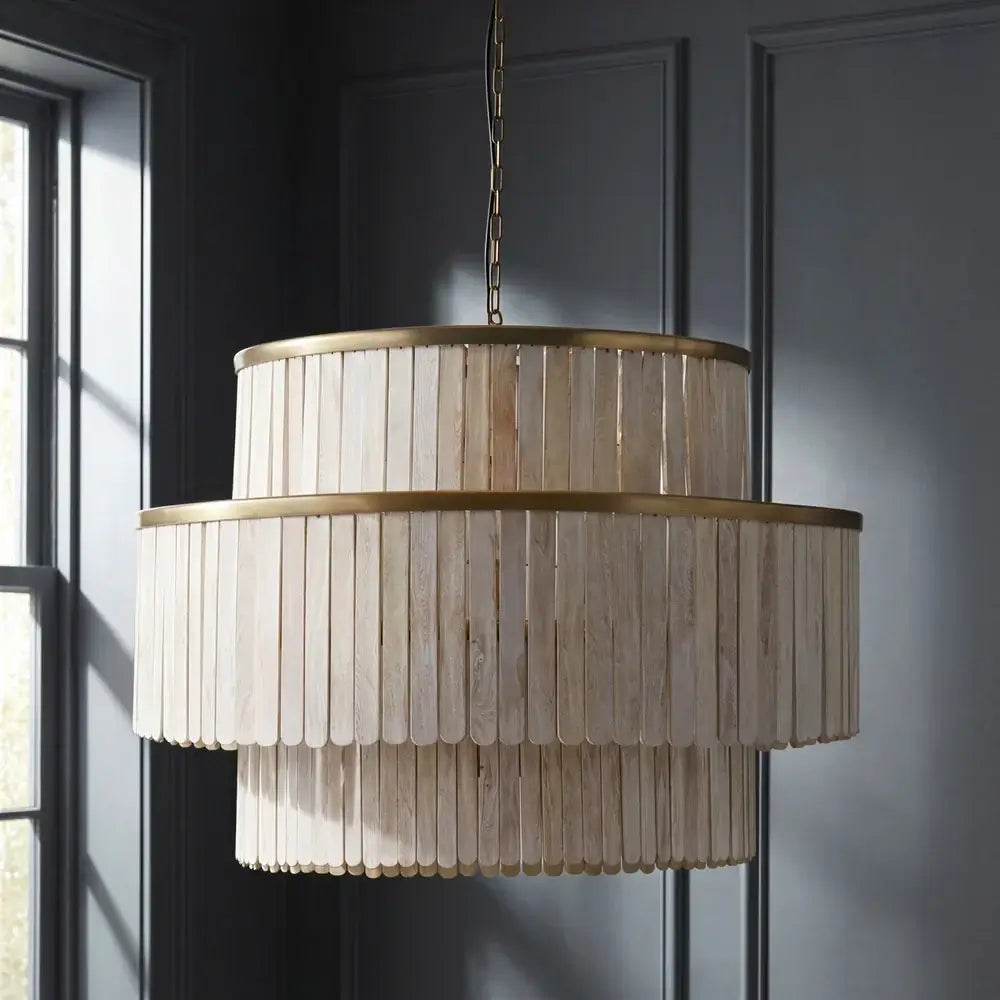 Pooky Zapper Chandelier in Natural Wood with warm brass rings and natural wood slats.
