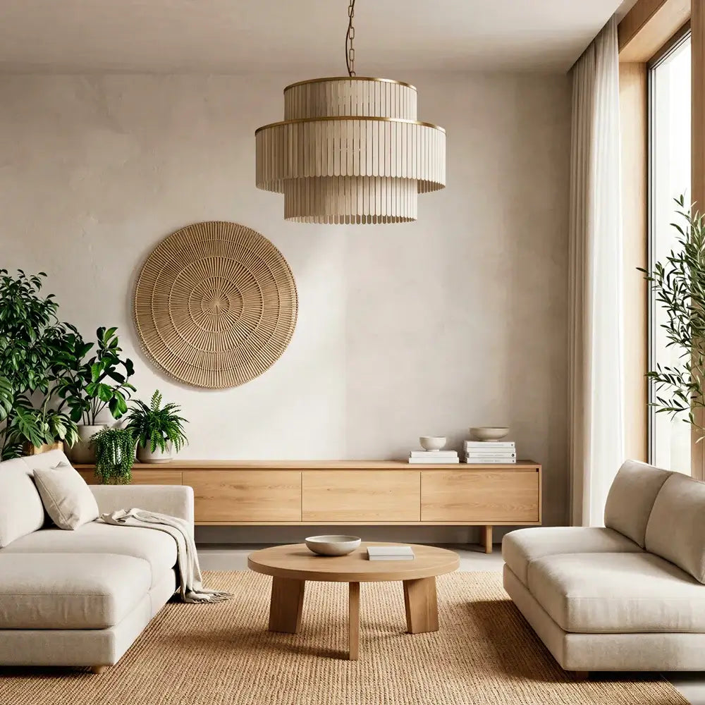 Pooky Zapper Chandelier in Natural Wood illuminating a modern living room with cozy furniture and plants.