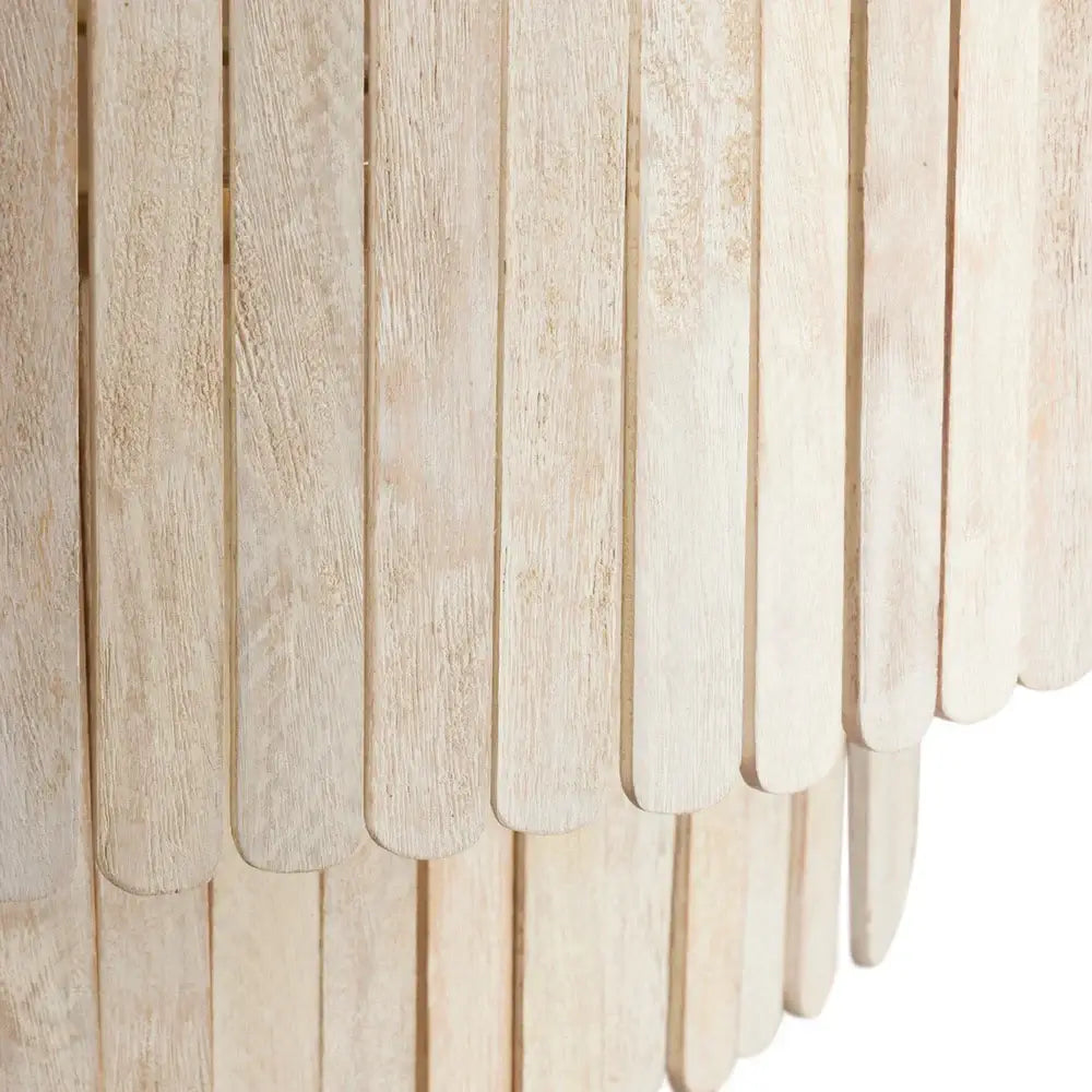 Pooky Zapper Chandelier in Natural Wood showcasing wooden slats in a tiered design illuminated by warm brass rings.