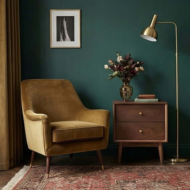 Fishe & Lilly Wright Walnut Bedside Table styled in a dark green room with a mustard velvet armchair and brass floor lamp.