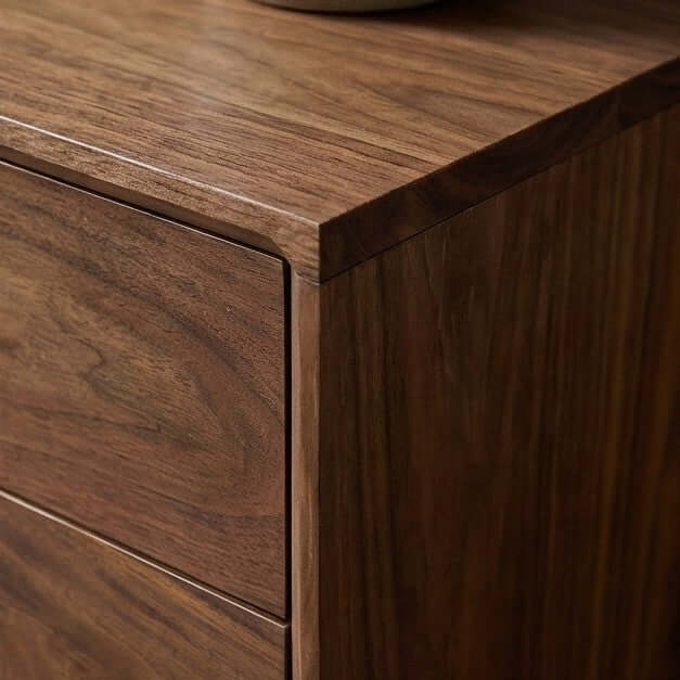 Close-up of the rich wood grain and edge detail on the Fishe & Lilly Wright Walnut Bedside Table.