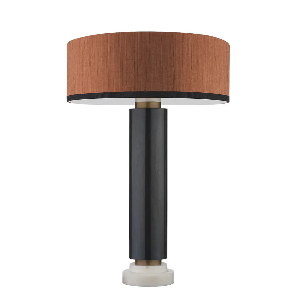 Northern Light - Crawford Table Lamp Pumpkin Shade - Carbonne Old English Brass Light Finish - 16" Slim Drum Tussah Pumpkin With Black Trim Shade