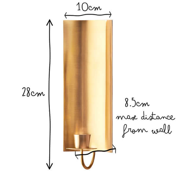 Pooky - Pitti Wall Mounted Candle Holder - Antiqued Brass with measurements: 28 cm height, 10 cm width, 8.5 cm from wall.