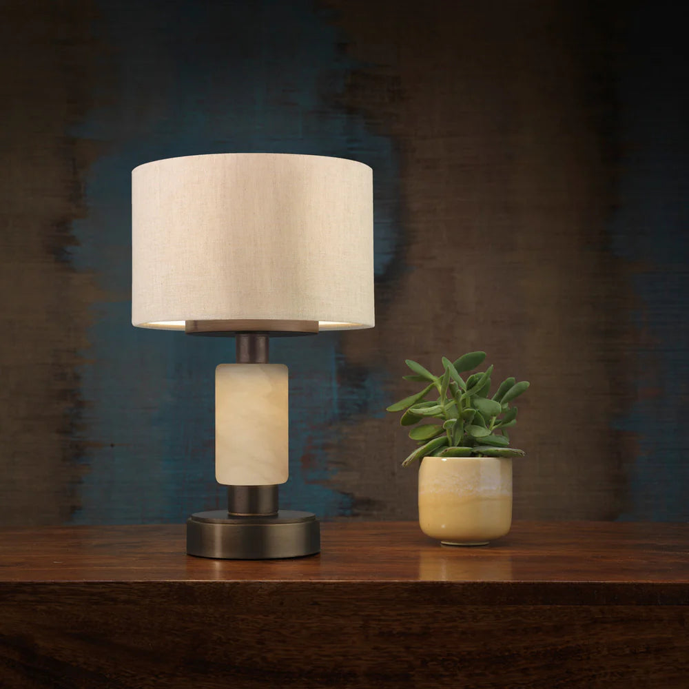 Northern Light - Dysart Rechargeable Table Lamp - Old English Brass Dark Finish - 6" Drum Oatmeal Shade