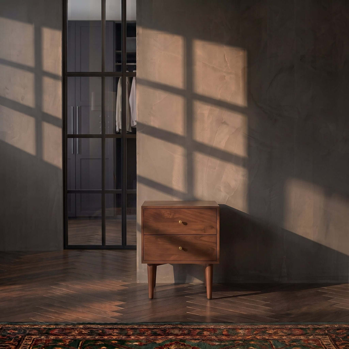 Fishe & Lilly Scandinavian Walnut Oslo Bedside Table in solid mango wood with two drawers.