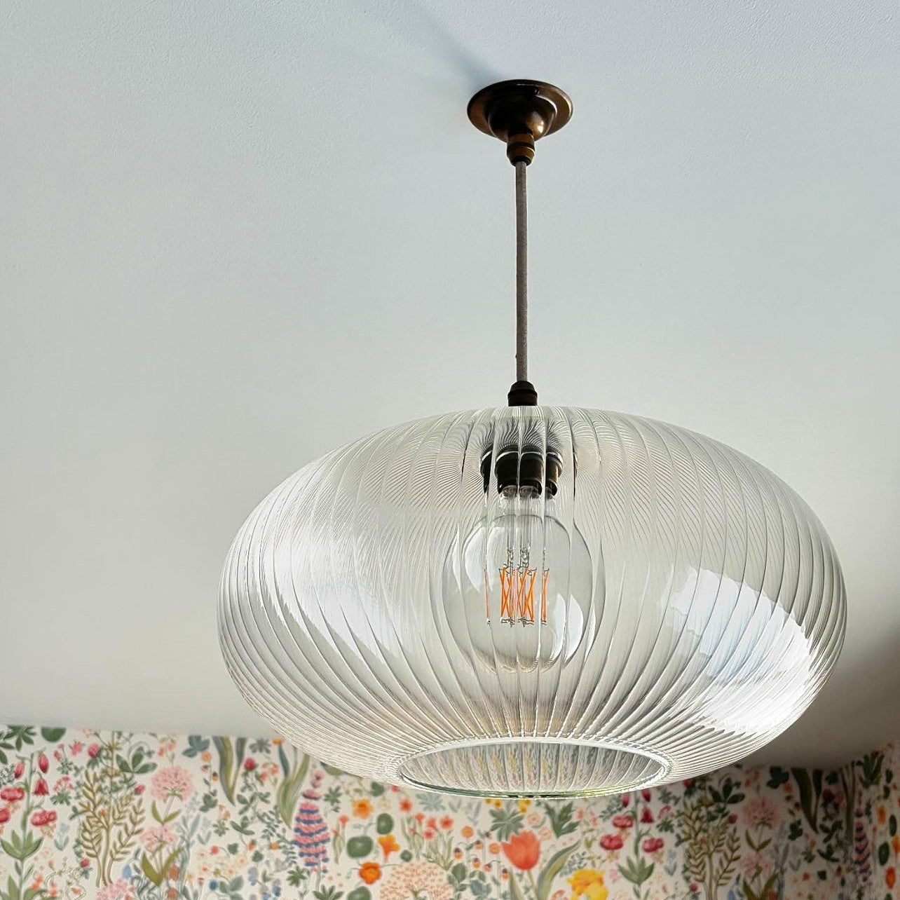 Leverint Lighting Archway Pendant - Medium - Ribbed Glass - Satin Nickel Fitting