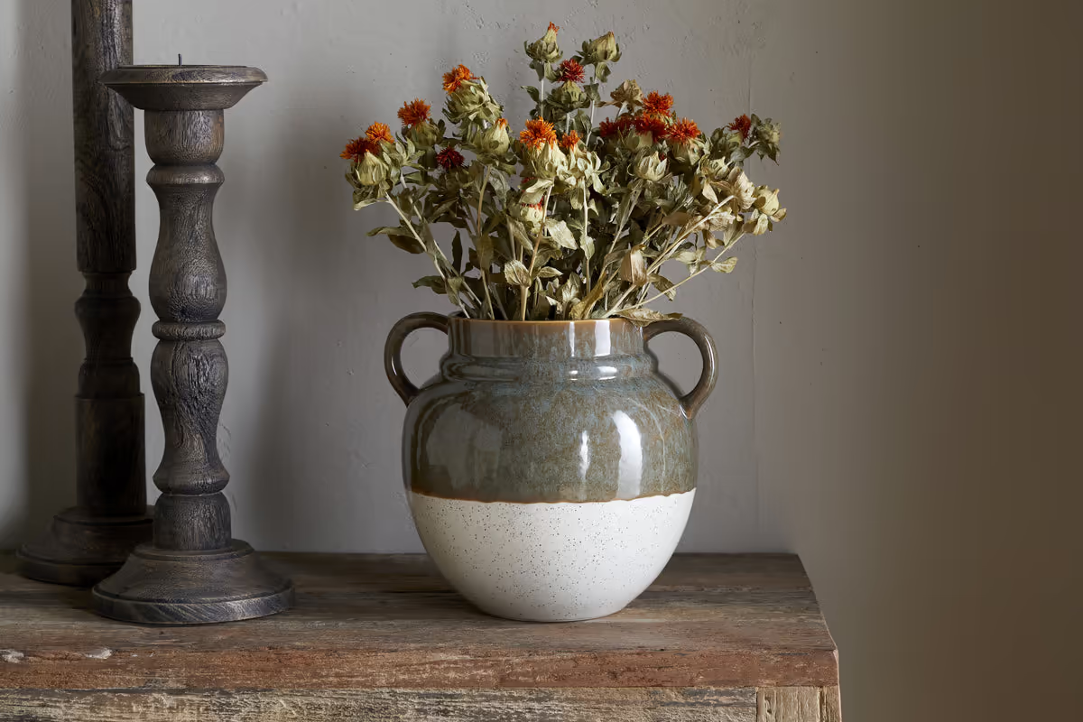 Nkuku - Inha Reactive Glaze Vase - Dark Olive & Natural