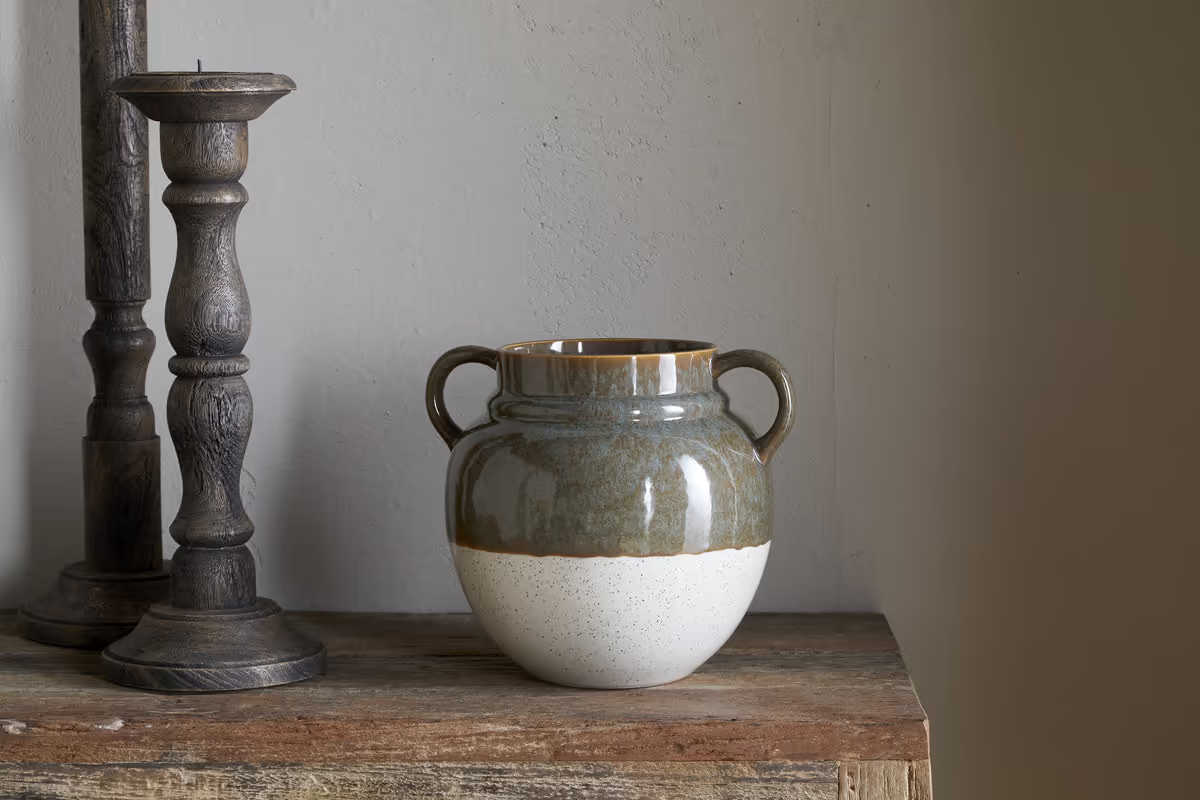 Nkuku - Inha Reactive Glaze Vase - Dark Olive & Natural