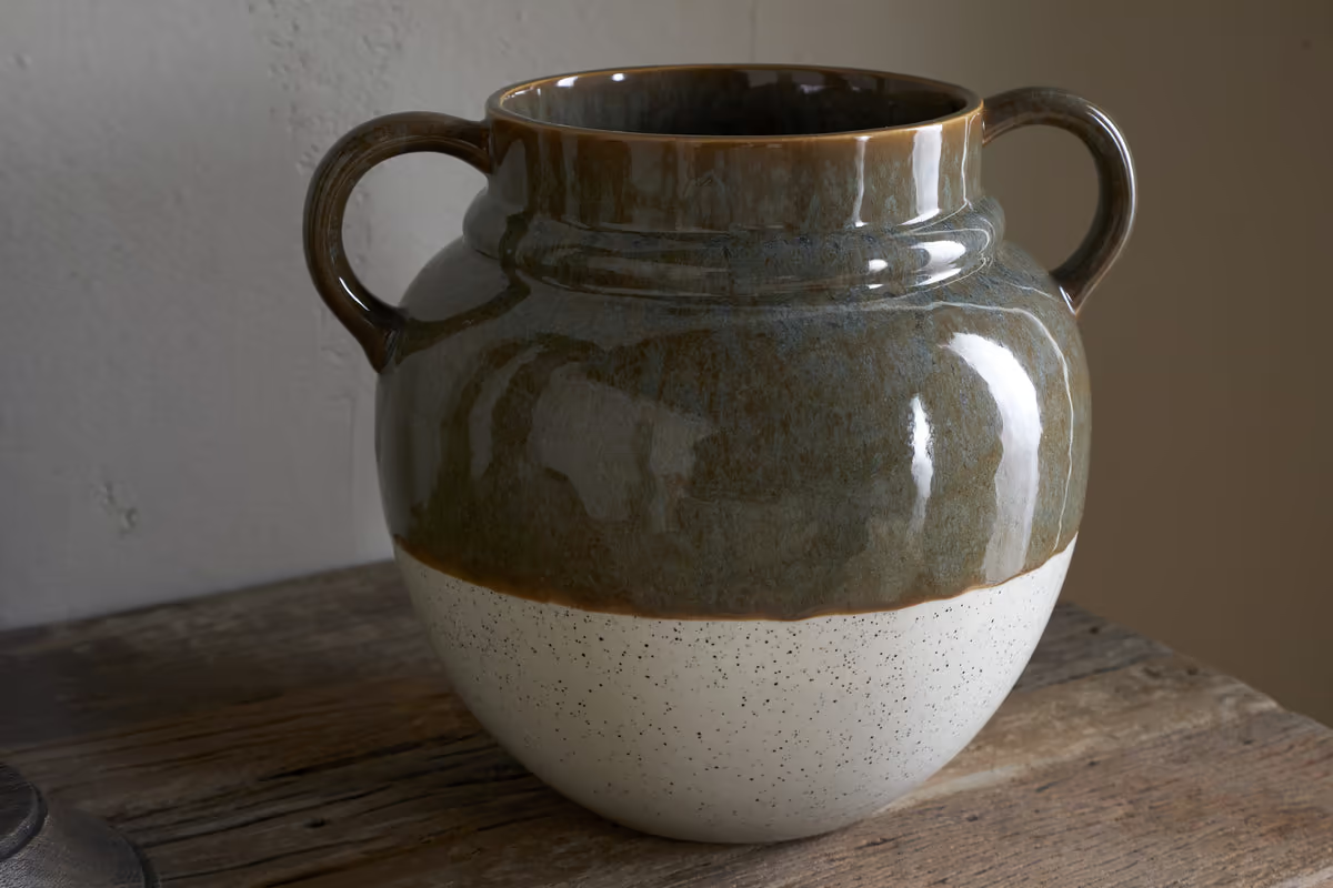 Nkuku - Inha Reactive Glaze Vase - Dark Olive & Natural