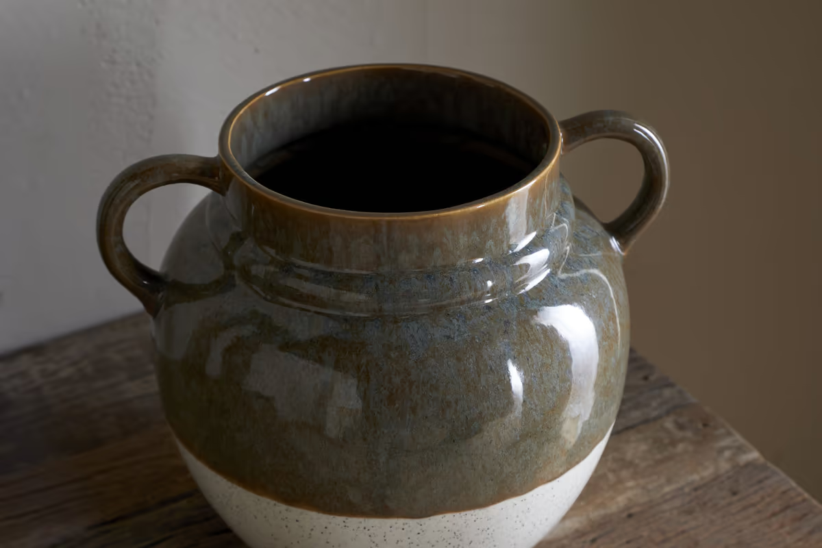 Nkuku - Inha Reactive Glaze Vase - Dark Olive & Natural