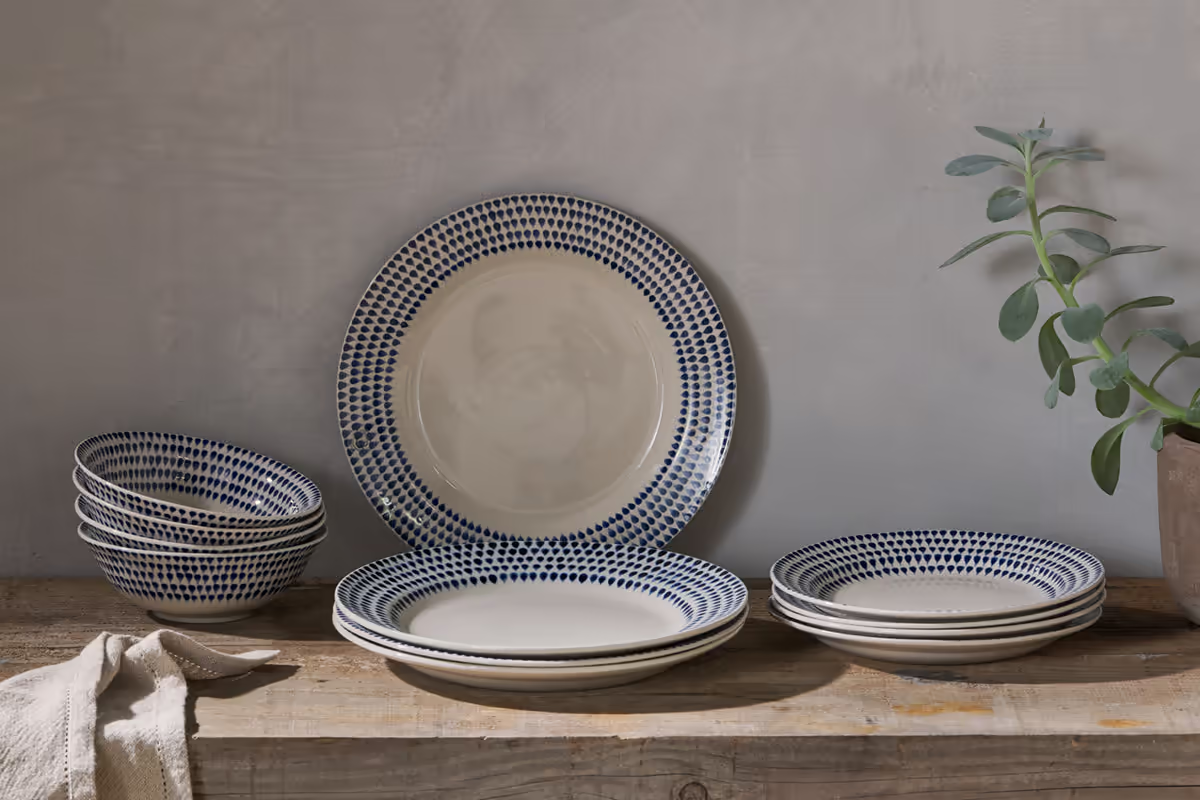 Nkuku - Indigo Drop Dinnerware Set - Cream & Indigo (Set of 12)