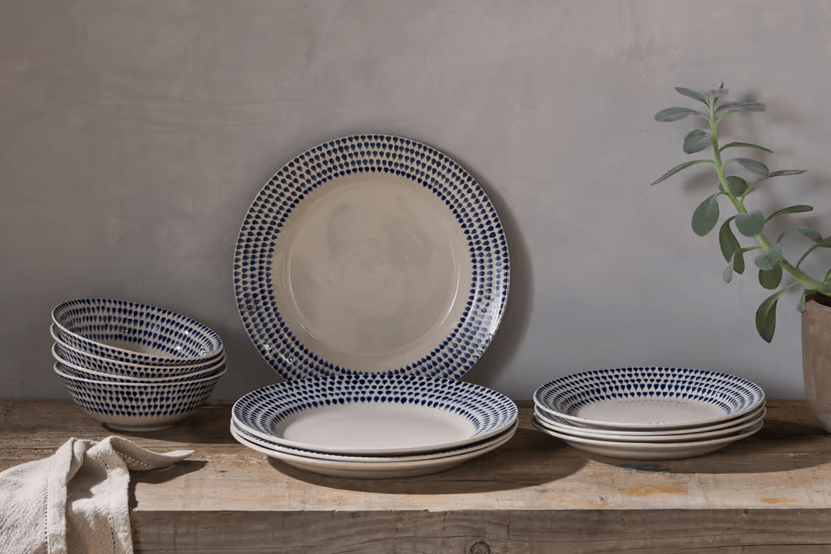 Nkuku - Indigo Drop Dinnerware Set - Cream & Indigo (Set of 12)