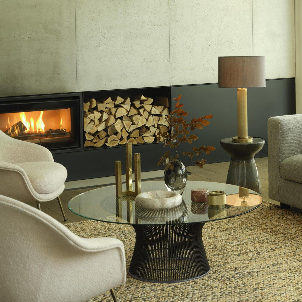 Industville - Knurled Pillar Table Lamp - Brass Base - Drum Cotton Lampshade